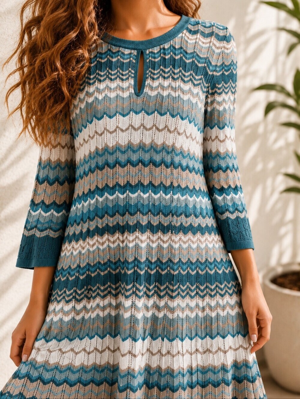 Jessica Chevron Knit Sweater Dress Teal Blue Aqua Midi Boho Coastal Large